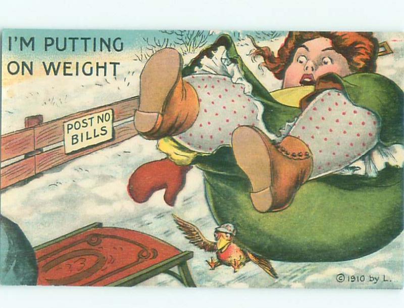 Pre-Linen Comic WOMAN FALLS OFF SLED ON TO BIRD AB9564@