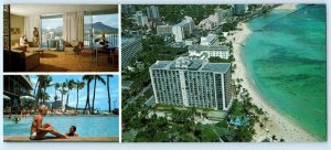 WAIKIKI OUTRIGGER HOTEL, Hawaii HI ~ Aerial View ROOM & POOL 3½x8¼  Postcard