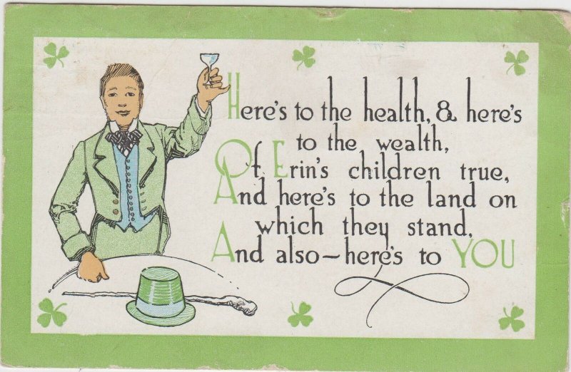 St. Patrick's Day Postcard Erin's Children Toast Saying 1917 Wooster Ohio