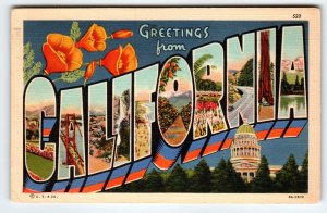Greetings From California Large Big Letter Linen State Postcard 1938 Curt Teich