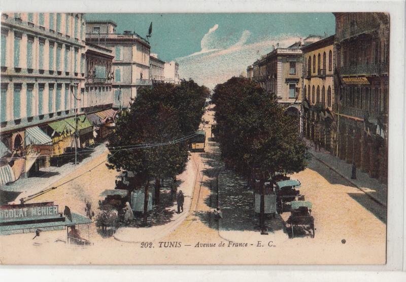 CPA TUNISIA TUNIS AVENUE DE FRANCE TRAM CARTS SHOPS CHOCOLAT MENIER VTG PC