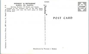 MURDO, SD  South Dakota HIGHWAY 16 RESTAURANT (2 Pcs)  c1950s Roadside  Postcard