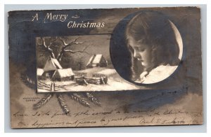 Vintage 1907 RPPC Christmas Postcard Cute Girl Country Farm Wheat Stalks NICE