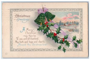1923 Christmas Greetings Ringing Bells Holly Berries Antique Tacoma WA Postcard