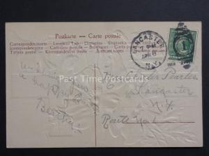 Embossed Poppies Postcard: Easter Greetings - USA (PM) LANCASTER NY DUPLEX (1)