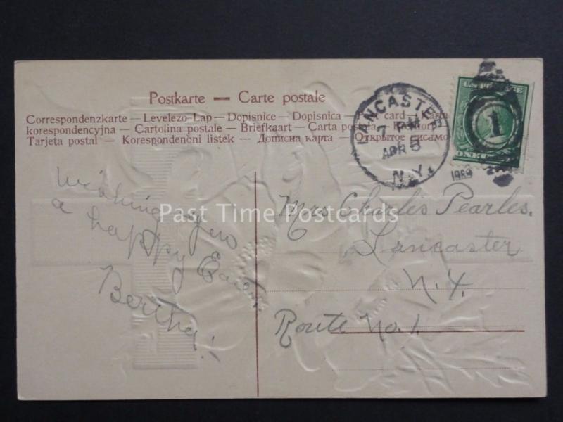 Embossed Poppies Postcard: Easter Greetings - USA (PM) LANCASTER NY DUPLEX (1)