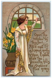 c1910's Easter Woman On Window Flowers Pot HBG Embossed Antique Postcard