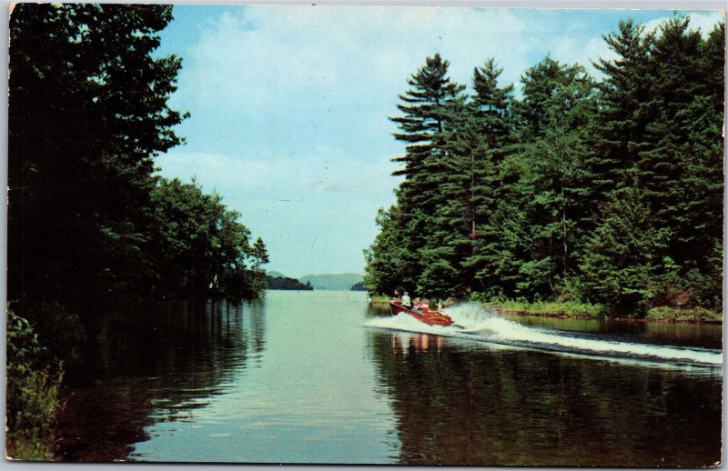 Postcard NY Adirondacks Fulton Chain Speedboat Riding Third to Fourth Lakes