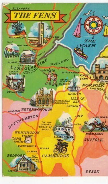 The Fens; Suffolk, Norfolk, Lincolnshire, Cambridgeshire & Lincs Map PPC Unused