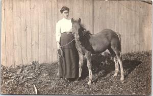 RPPC Woman Foal Horse Early 1900's Real Photo Postcard AK50