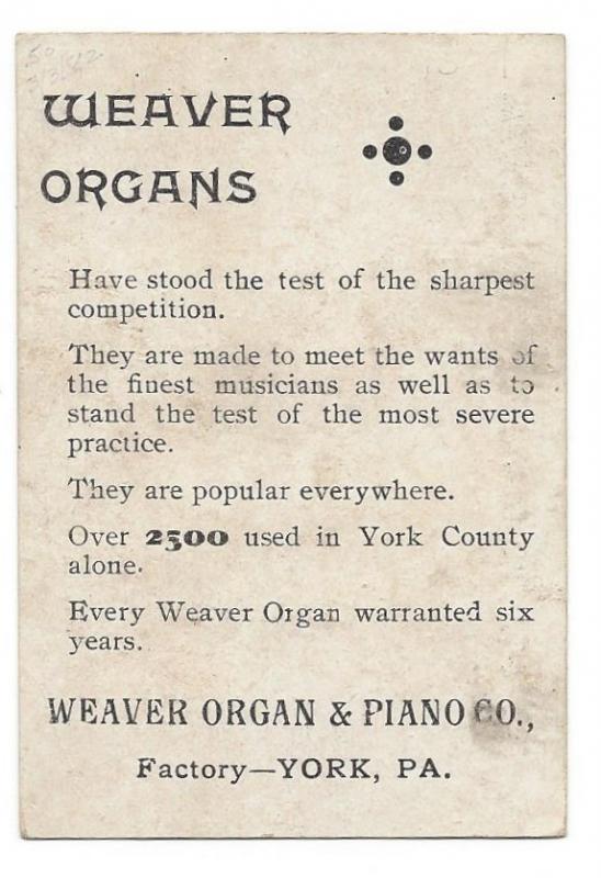 Weaver Organ Piano Co York PA Victorian Trade Card Winter