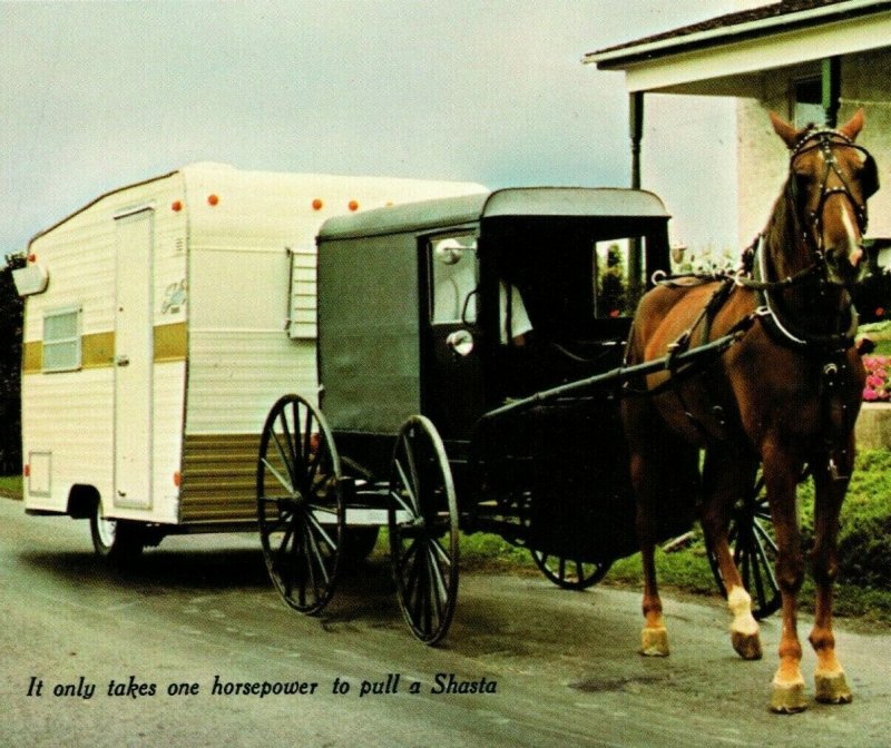 Advertising Shasta Industries Travel Trailer Horse Buggy UNP Vtg Chrome Postcard