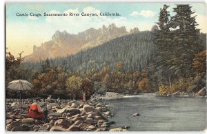 Castle Crags, Sacramento River Canyon, CA Woman Painting 1910s Vintage Postcard