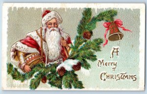 Christmas Postcard Santa Claus Pine Cone Ringing Bell Old World Embossed c1910's