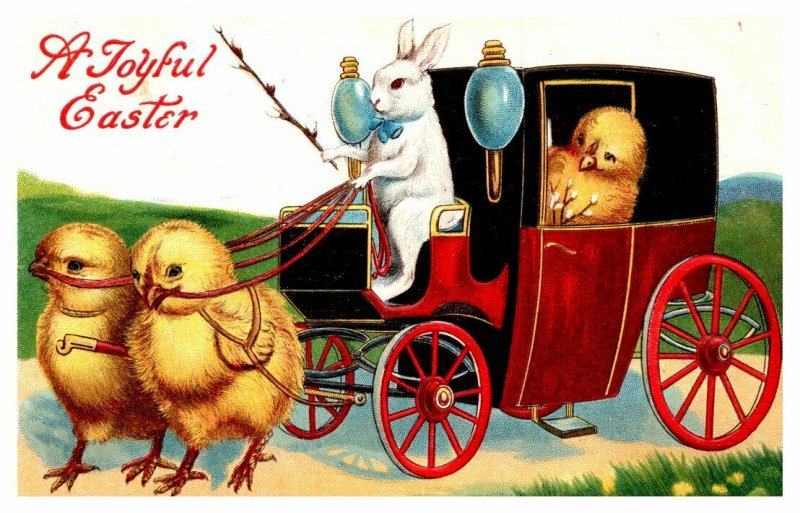 Easter  Antropomorphism  Rabbit driving chick drawn Carriage