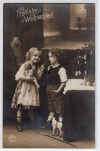 RPPC, Froliche Weihnachten, Children, Doll & Toy Horse