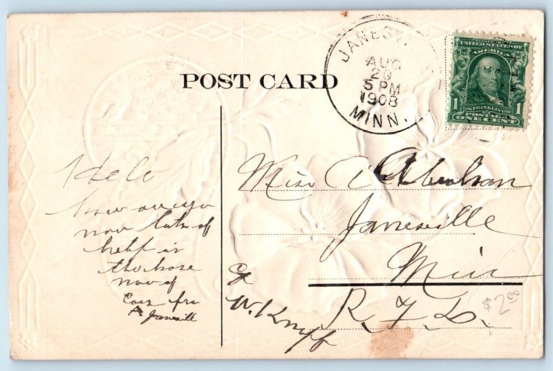Janesville Minnesota Postcard Best Wishes Flowers Glitter Embossed 1908 Vintage