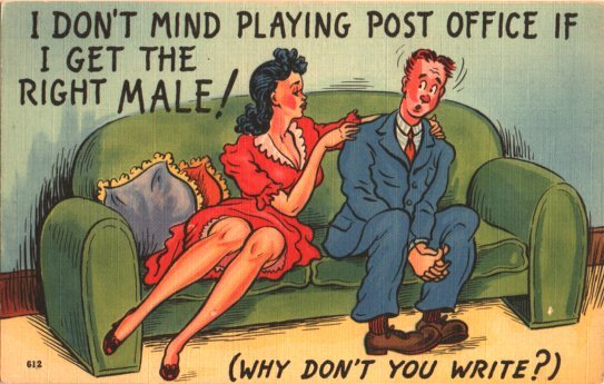 pinup postcard: I Don't Mind Playing Post Office
