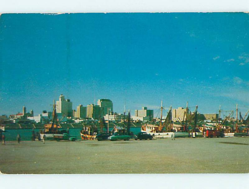 Unused 1950s OLD CARS & BOATS ALONG THE RIVER BY SKYLINE Corpus Christi TX Q8112