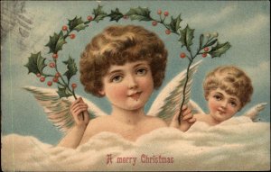 Christmas Angel Children w/ Holly Branch c1910 Postcard