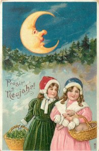 German Embossed New Year Art Postcard 1220 Girls w/ Pig, Crescent Man in Moon