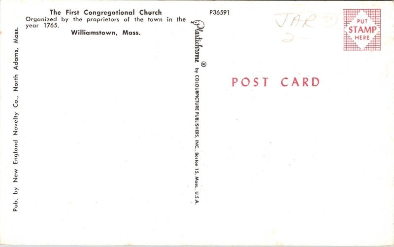 First Congregational Church Williamstown Massachusetts MA Postcard VTG UNP 