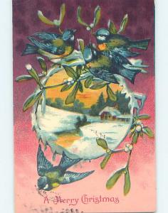 Pre-Linen christmas BEAUTIFUL BLUE AND GREEN BIRDS WITH MISTLETOE HL0141