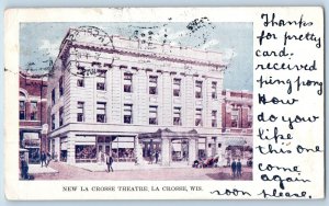 La Crosse Wisconsin Postcard New La Crosse Theatre Building Exterior 1907 Cars