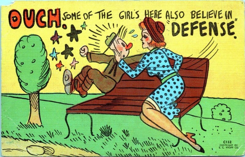 Vintage Comic Postcard 1944 Sexy Woman Slapping WW2 Soldier Kropp Linen MK
