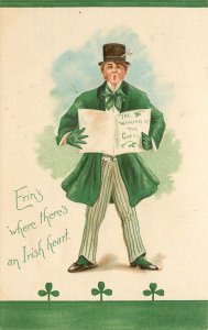 Embossed St. Patrick's Day Postcard Man Wearin O The Green Irish Heart L&E 2259