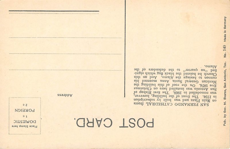 San Antonio Texas c1910 Postcard San Fernando Cathedral 