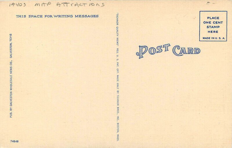 Texas 1940s Map Attractions Postcard Galveston Tichnor linen roadside 22-10444