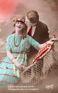 VINTAGE POSTCARD ETIANE MAN & WOMAN BESIDE NETTED HAMMOCK COLOR-TINTED c. 1920