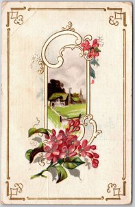 1910's Landscape Flowers With Border Greetings Wishes Card Posted Postcard