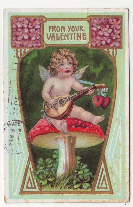 PC59 JLs 1908 postcard valentines cupid mushroom music