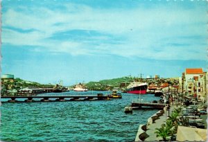 VINTAGE CONTINENTAL SIZE POSTCARD PONTOON BRIDGE CURACOU HARBOR NETH ANTILLES