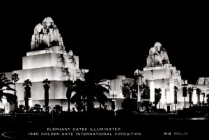 RPPC Golden Gate Exposition Elephant Gates Illuminated Real Photo Postcard