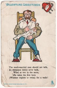 Man With Triplets, 1906 Tuck Valentine Greetings Postcard, Art By G.W. Bonte