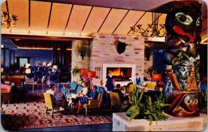 Vtg Alberta Canada Jasper Park Lodge Main Lounge Totem Poles 1950s View Postcard