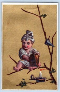 SET/4 STOCK VICTORIAN TRADE CARDS*KIDS*TREES*CHAMPAGNE*READING*CANDLE*BIRDS*GOLD