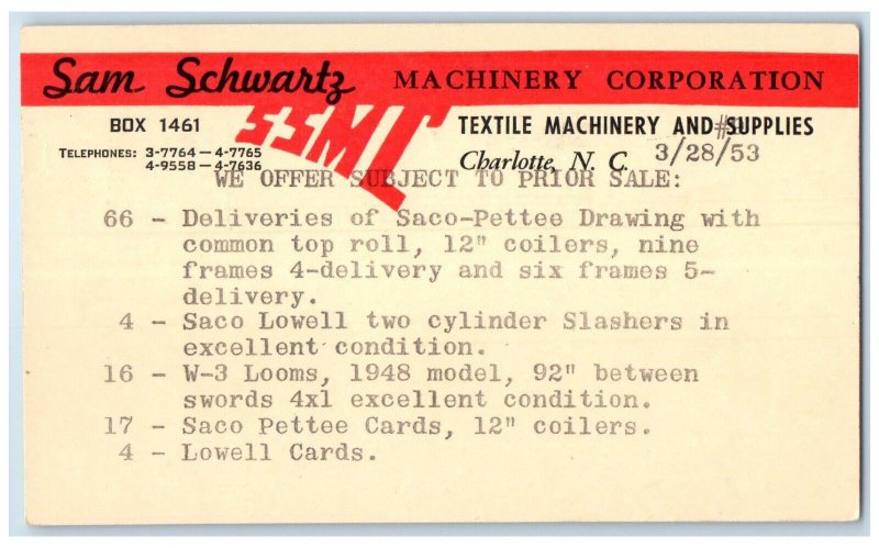 1953 Sam Schwartz Machinery Corporation Charlotte North Carolina NC Postcard