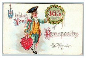 Vintage 1910's New Years Postcard Boy in Colonial Dress Wreath Large Heart