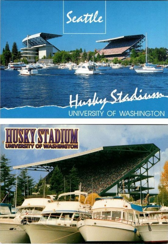 2~4X6 Postcards WA, Seattle UNIVERSITY OF WASHINGTON Husky Stadium~Boats~Harbor