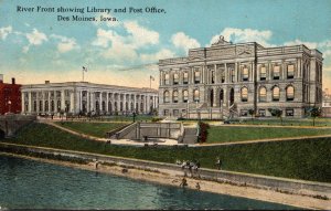 Iowa Des Moines River Front Showing Libray and Post Office Curteich