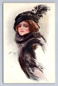 A CHRISTMAS BELLE GLAMOUR ARTIST SIGNED HARRISON FISHER POSTCARD (RN 605)