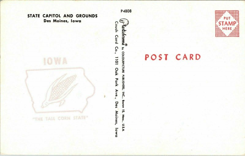 State Capitol Grounds Des Moines Iowa IA Postcard Plastichrome VTG UNP Vintage 