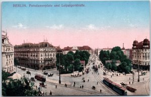 VINTAGE POSTCARD TRAMS ON POTSDAM PLAZA AND LEIPZIG STREET BERLIN c. 1910s