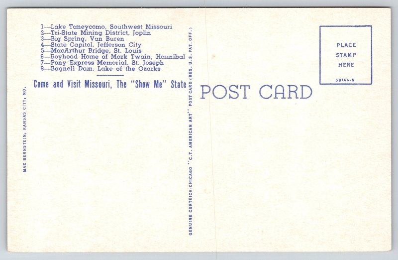 Missouri State Map~Multi-Views~Key On Back~The “Show Me” State~Vintage Postcard