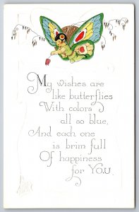 Fantasy~Butterfly Wing Pixie Fairy~Poem~Gold Sun~White Embossed~c1910