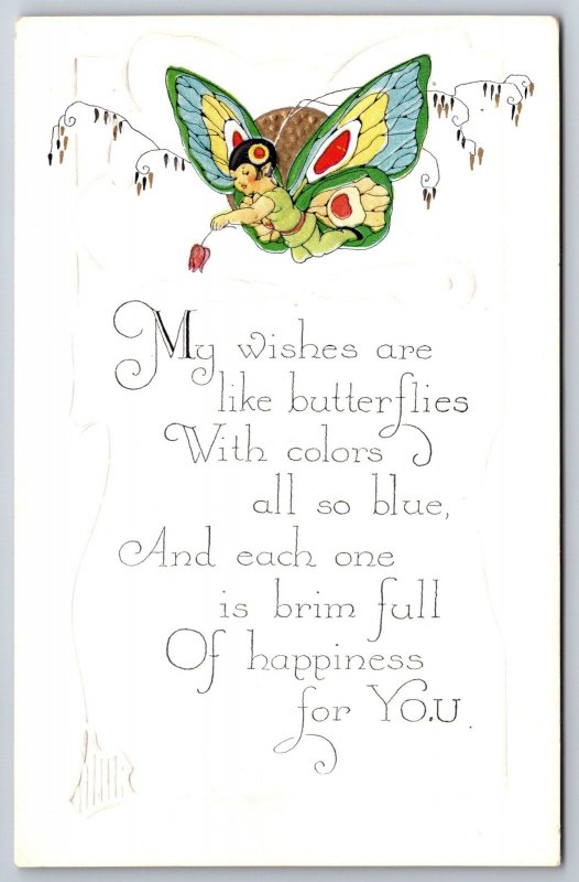 Fantasy~Butterfly Wing Pixie Fairy~Poem~Gold Sun~White Embossed~c1910